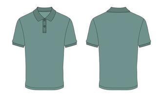 camisa polo de manga curta moda esboço plano ilustração vetorial modelo de cor verde frente e verso vistas isoladas no fundo branco. vetor