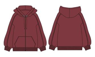 hoodie de manga comprida técnica de moda plana esboço ilustração vetorial modelo de cor vermelha vistas frontal e traseira. vetor
