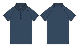 camisa polo raglan de manga curta técnica de moda plana esboço ilustração vetorial modelo de cor azul marinho vistas frontal e traseira. vetor