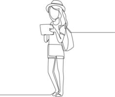 turista feminina de desenho de linha contínua com chapéu de viagem e bolsa nas costas, verificando a nota sobre o destino. feliz viagem. única linha desenhar desenho ilustração gráfica de vetor. vetor