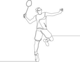 única linha contínua desenhando um jogador de badminton pulando e esmagando a bola no jogo. conceito de exercício esportivo. na moda uma linha desenho ilustração vetorial para torneio de badminton. vetor