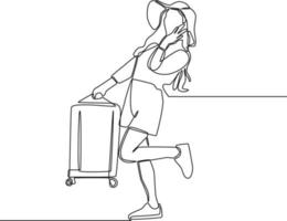 uma linha contínua desenhando turista feminina feliz com chapéu de viagem e mala. feliz viagem. única linha desenhar desenho ilustração gráfica de vetor. vetor