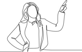 mulher de negócios de desenho de linha contínua apresentando estilo de mão em uma reunião. única linha desenhar desenho ilustração gráfica de vetor. vetor