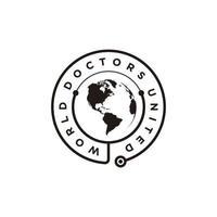 médico mundial com mapa, estetoscópio, vetor de design de logotipo de carimbo de etiqueta de saúde