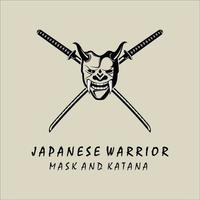 katana e máscara samurai logotipo vector vintage modelo ilustração design. máscara de armadura japonesa e espada katana para design de ilustração de emblema de modelo de conceito de logotipo samurai