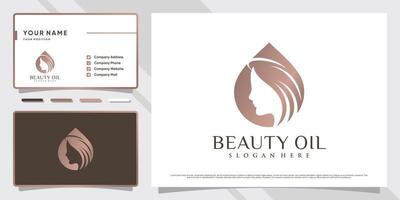 design de logotipo de óleo de beleza para mulheres com conceito de espaço negativo e vetor premium de cartão de visita