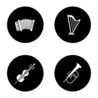 conjunto de ícones de glifo de instrumentos musicais. acordeão, harpa, violoncelo, flugelhorn. ilustrações vetoriais de silhuetas brancas em círculos pretos vetor