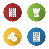 conjunto de ícones de glifo de design plano de pílulas longa sombra. medicamentos. ilustração em vetor silhueta