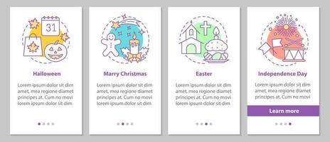 feriados sazonais integrando a tela da página do aplicativo móvel com conceitos lineares. dia das bruxas, páscoa, dia da independência, instruções gráficas de passos de natal. ux, ui, modelo de vetor gui com ilustrações
