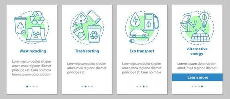 tela de página de aplicativo móvel de integração de proteção ambiental com conceitos lineares. triagem de lixo, reciclagem de resíduos, instruções gráficas de energia alternativa. ux, ui, modelo de vetor gui com ilustrações