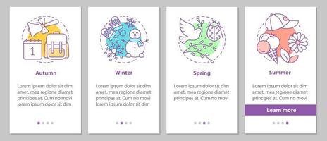 quatro estações integrando a tela da página do aplicativo móvel com conceitos lineares. inverno, outono, primavera, instruções gráficas de etapas de verão. ux, ui, modelo de vetor gui com ilustrações