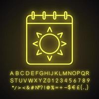 ícone de luz neon da temporada de verão. página do calendário com sol. sinal brilhante com alfabeto, números e símbolos. ilustração vetorial isolada vetor