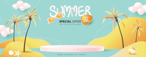 modelo de banner de venda de verão para promoção com forma cilíndrica de exibição de produto e fundo de praia