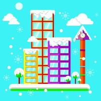 ilustração de construção. paisagem da cidade. ilustração da cidade no inverno. fundo azul. amarelo, vermelho, roxo, laranja vetor