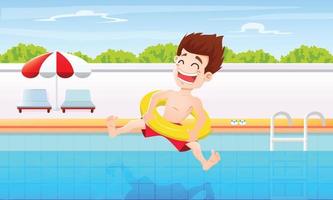menino dos desenhos animados pulando na piscina vetor