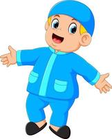 um menino feliz está de pé e dançando com suas novas roupas azuis vetor