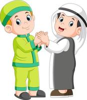 dois homem muçulmano e seu melhor amigo apertando as mãos vetor