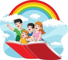 família feliz voando com seu livro no lindo céu