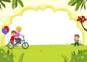 família feliz andando de bicicleta no parque da cidade vetor