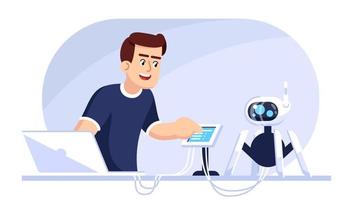 engenheiro operacional robô ilustração em vetor plana. curso de robótica. tecnologia do computador. codificação, programação de brinquedo eletrônico. homem caucasiano testando bot com personagem de desenho animado de laptop e tablet