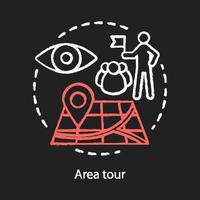 ícone de conceito de giz de turismo de área. turismo, visitando pontos turísticos, ideia de pontos de referência. guia líder do grupo de turistas, mostrando atrações. encontrar a localização no mapa. ilustração de lousa isolada em vetor.. vetor