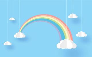 arco-íris e nuvens no céu, estilo de arte de papel, design de papel de parede. vetor