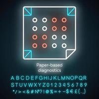 ícone de luz neon de diagnóstico baseado em papel. biossensor. resultados de análises rápidas. biotecnologia. sinal brilhante com alfabeto, números e símbolos. ilustração vetorial isolada vetor