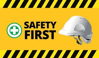 segurança em primeiro lugar, capacete de engenheiro em fundo amarelo, equipamentos de segurança, conceito de construção, desenho vetorial