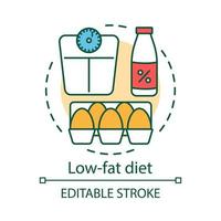 ícone do conceito de dieta com baixo teor de gordura. ilustração de linha fina de ideia de nutrição vegetariana. comida saudável, estilo de vida vegano. leite desnatado, ovos crus e balanças de peso vector desenho de contorno isolado. traço editável