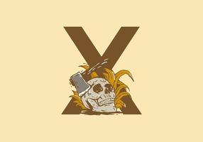 cabeça de esqueleto e desenho de ilustração de machado com x letra inicial vetor