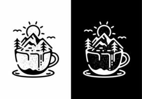 ilustração de arte de linha de café com vista para a montanha vetor