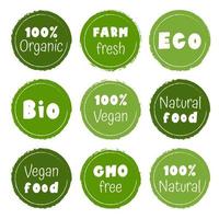 adesivos de aquarela desenhados à mão abstratos vetoriais para bio, eco, sem OGM, sem glúten, comida vegana. coleção de rótulos vegan, bio, alimentos orgânicos, sem glúten e produtos naturais. vetor