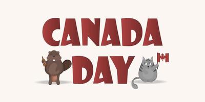 palavras do dia do canadá com gato rabugento cinza e castor, vetor, desenho animado vetor