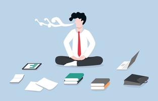 respire fundo para limpar a mente perturbadora, concentrando a consciência no conceito presente. empresário praticando meditação mindfulness antes de fazer o trabalho. vetor