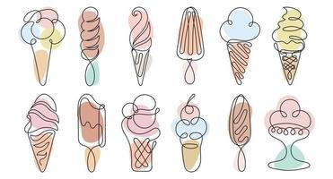 conjunto de sorvetes de diferentes tipos, contorno preto com manchas coloridas em tons pastel. arte de linha, elementos de decoração, vetor