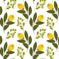 sem costura padrão, tulipas de flores amarelas e ramos com folhas em um fundo branco. impressão, têxtil, papel de parede, decoração do quarto vetor