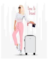 ilustração de viagens, uma jovem linda com uma mala e um passaporte em um fundo abstrato e uma inscrição. clipart, impressão, design para agências de viagens vetor