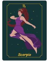 signo do zodíaco escorpião, uma linda mulher mágica em um vestido roxo em um fundo escuro com estrelas. cartaz astrológico, ilustração, tarô