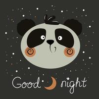 ilustração, panda engraçado e texto em inglês boa noite em fundo escuro com estrelas e lua. imprimir para crianças, pôster, vetor