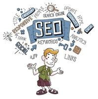 homem mostrando o posicionamento na web seo vetor