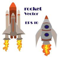 conjunto de dois foguetes espaciais com fogo do motor, lançando nave espacial no espaço. foguete voador entre as estrelas. ilustração vetorial