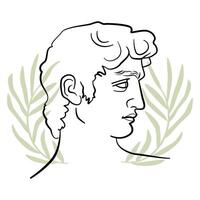 perfil de michelangelo david no estilo de arte de linha estética da moda. retrato de perfil masculino com folhas de oliveira abstratas. vetor