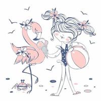 linda garota de maiô com um flamingo na praia do mar. vetor. vetor