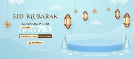 promoção de venda eid mubarak com exibição de produtos e modelo de banner de decoração sazonal vetor