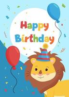 cartão de feliz aniversário para crianças com leão bonito dos desenhos animados. animais africanos. ilustração vetorial ideal para cartões, convites, cartazes e banners. vetor