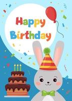 cartão de aniversário de vetor com coelho bonito dos desenhos animados, balão e bolo. animais da floresta para crianças.