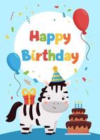 cartão de feliz aniversário com zebra bonito dos desenhos animados, bolo, balões e presente. modelo de cartões para convites e cartões postais. ilustração vetorial. vetor