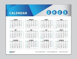modelo de calendário 2023, design de calendário de mesa 2023, calendário de parede 2023 ano, conjunto de 12 meses, semana começa domingo, planejador, organizador anual, artigos de papelaria, inspiração de calendário, vetor de fundo azul