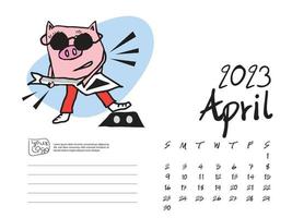 modelo de design de calendário 2023 com ilustração vetorial de porco fofo, arte de abril de 2023, letras, layout de calendário de mesa 2023, planejador, modelo de calendário de parede, personagem de desenho animado de porco, evento de férias vetor