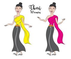 mulheres tailandesas em ilustração vetorial de vestido tradicional tailandês, traje tradicional do sudeste asiático, desenho animado vetor